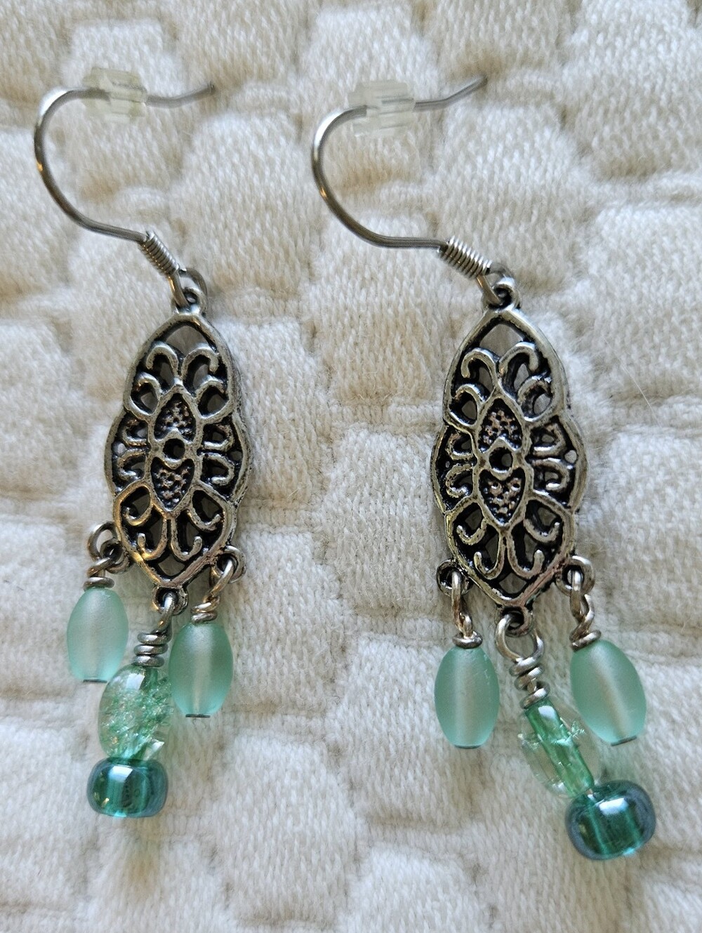 Silver Filigree Dangle Earrings with Seafoam Green Beads NWOT